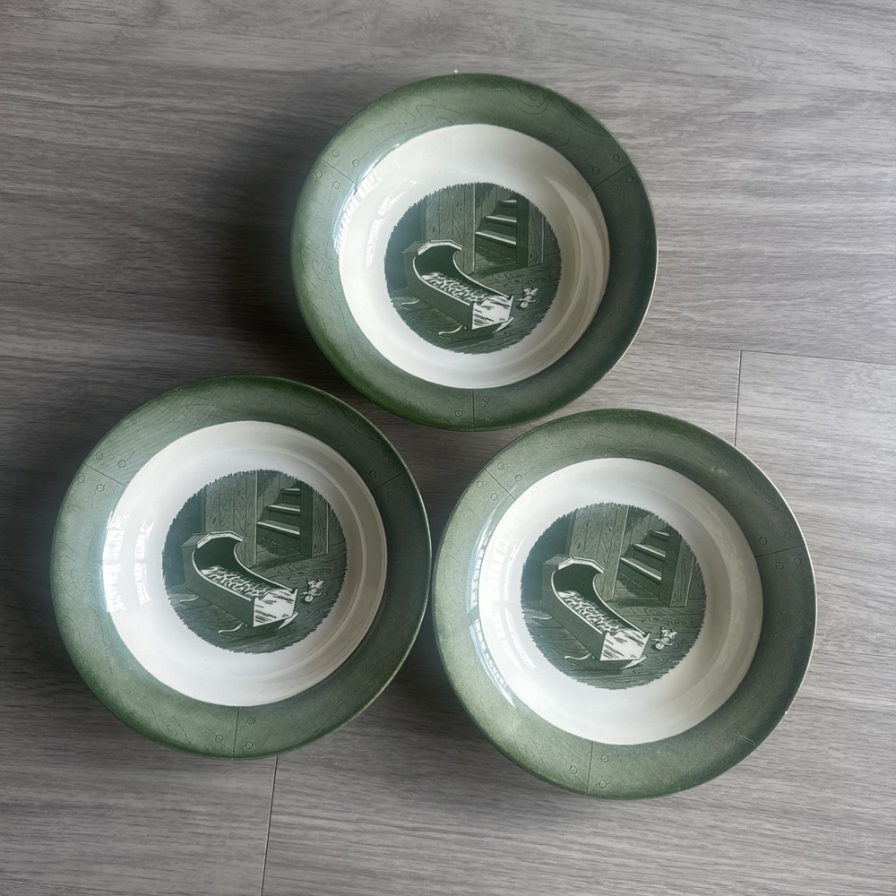 Set Of 3 Vintage Colonial Homestead by Royal 8-1/2" Soup Bowl Dish Green Cradle